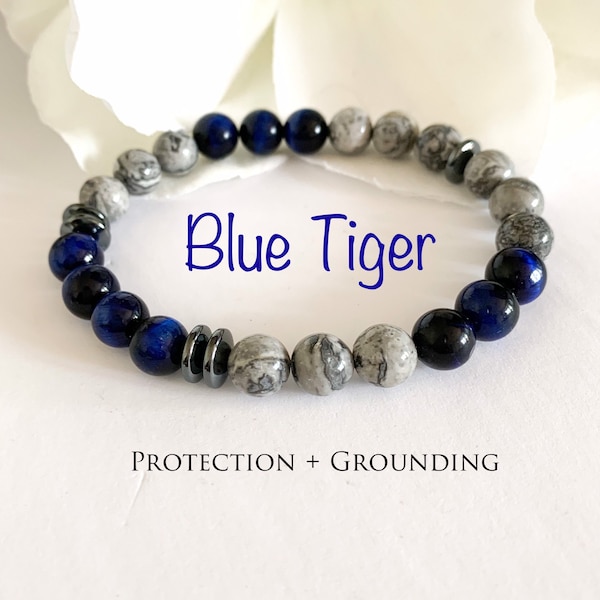 Men's Beaded Bracelet, 8mm Blue Tiger Eye Stretch Bracelet, Gemstone Beaded Bracelet, Stretch Bracelet, Blue Stacking Bracelet