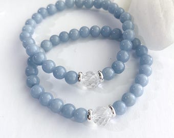 Angelite & Clear Quartz Beaded Bracelet, Celestial Gemstone, Angelic Connection