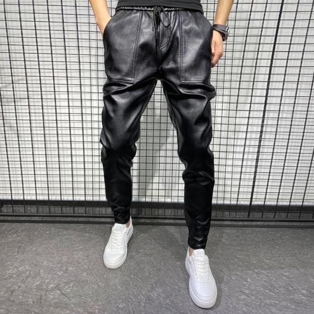 Mens Fashion Elastic Waist Leather Joggers Side Zippered Pockets Ribbed  Unisex Sweat Pants Cool Men Gothic Punk Leather Pants  Wish