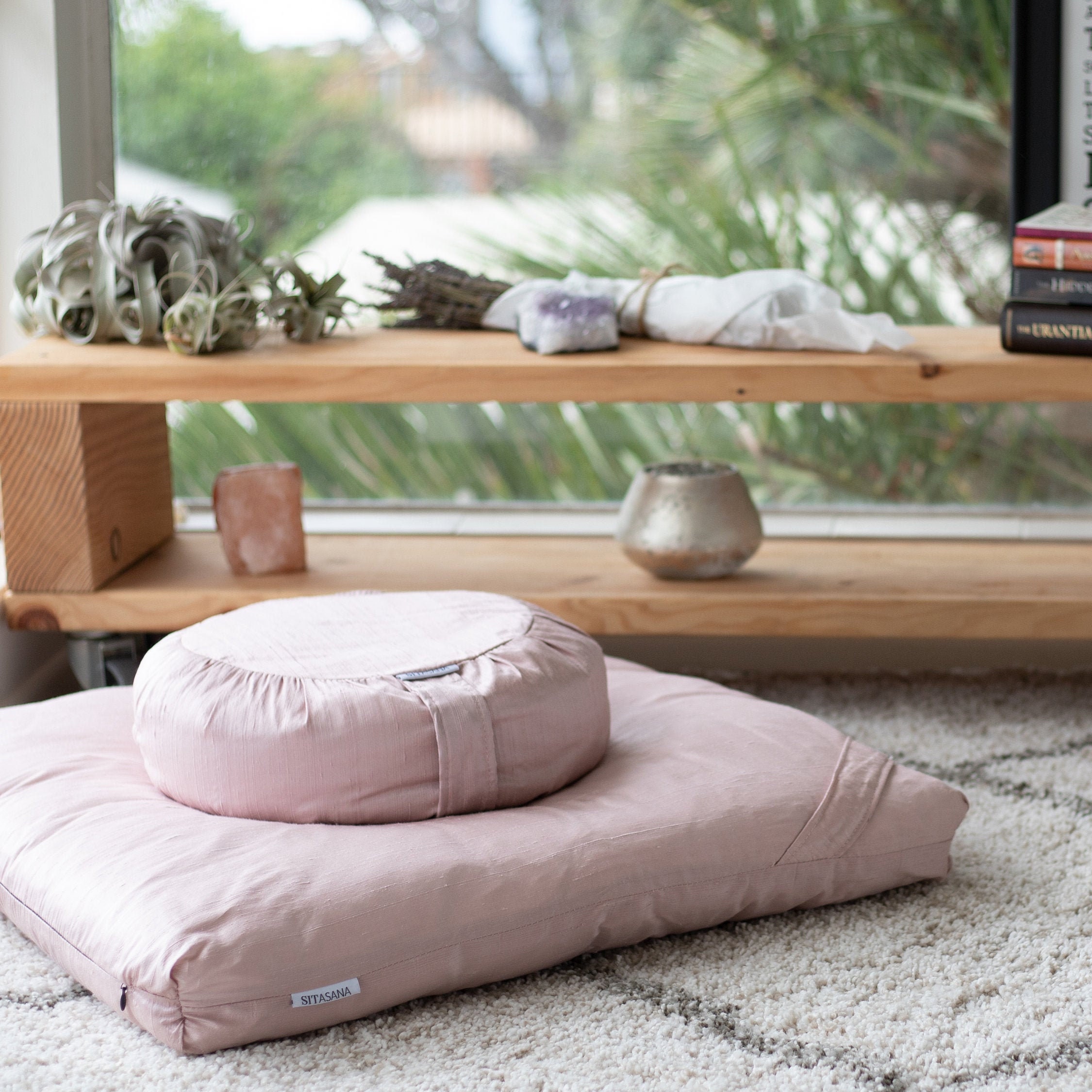 Meditation Cushion Set in Raw Silk Pale Pink 