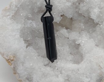 Black polished tourmaline, tourmaline, schorl, raw stone, gemstone, healing stone, leather strap, necklace, pendant