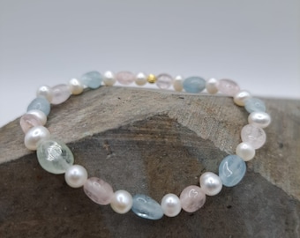 Gemstone bracelet, crystal bracelet, bracelet, gemstone, healing stone, 925 silver, filigree, gift, beryl, morganite, freshwater pearl