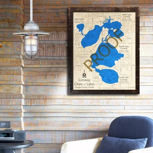 May include: A framed map of the Conway Chain of Lakes in Orange County, Florida. The map shows the outlines of the lakes in blue, with depth contours marked in brown. The map is framed in a dark wood frame.