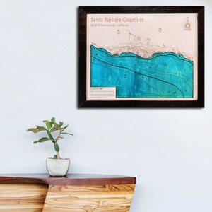 Santa Barbara Coast 3D Nautical Wood Map Laser-etched carved Wooden Map of Santa Barbara Coast
