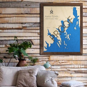 Kenai Fjords - Gulf of Alaska, Alaska 3D Wood Map | Custom Nautical Map, Cabin Decor, Wood Chart, Nautical Decor | Alaska