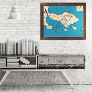 Bali Indonesia 3D Wood Map | Bali Sea, Indian Ocean Nautical Chart | Custom Nautical Wall Art, Personalized Wooden Map