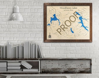 Woodhaven Lake, Sunset Lake, Bass Lake, Illinois 3D Wood Map | Custom Nautical Map, Cabin Decor, Lake House Decor, 3D Wooden Chart