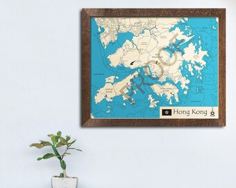 Hong Kong 3D Wood Map | China, South China Sea, Hong Kong Island, Lantau Island | Custom Nautical Art, Personalized Nautical Wood Chart