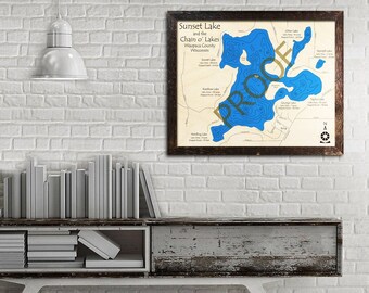 Sunset Lake - Chain O' Lakes, WI 3D Wood Map | Cabin Decor - Lake House Décor - Nautical Decor | Map Art, Wedding, Custom Gift