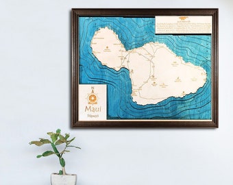 Maui Hawaii 3D Laser-Cut Wood Map | Nautical Wood Chart of Maui | Anniversary Gift,  Gift for Him, Nautical Décor