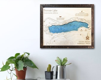 Donner Lake CA 3D Nautical Wood Map Laser-etched carved Wooden Map of the Donner Lake CA
