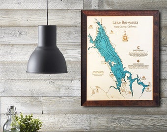 Lake Berryessa CA 3D Nautical Wood Map Laser-etched carved Wooden Map of Lake Berryessa CA