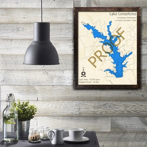 May include: A framed map of Lake Limestone in Texas, showing the lake's outline in blue. The map includes the text "Lake Limestone", "Limestone, Robertson and Leon Counties, Texas", "Lake Area - 12,553 acres", and "Deepest Point - 43 feet".