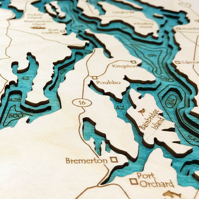 Puget Sound Map 3D Nautical Wood Map Laseretched Wooden Map Etsy