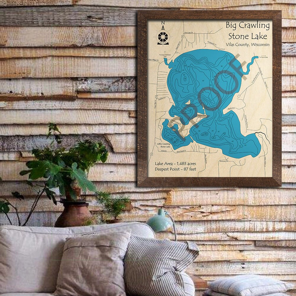 Big Crawling Stone Lake WI 3D Wood Carved Map Custom Etsy