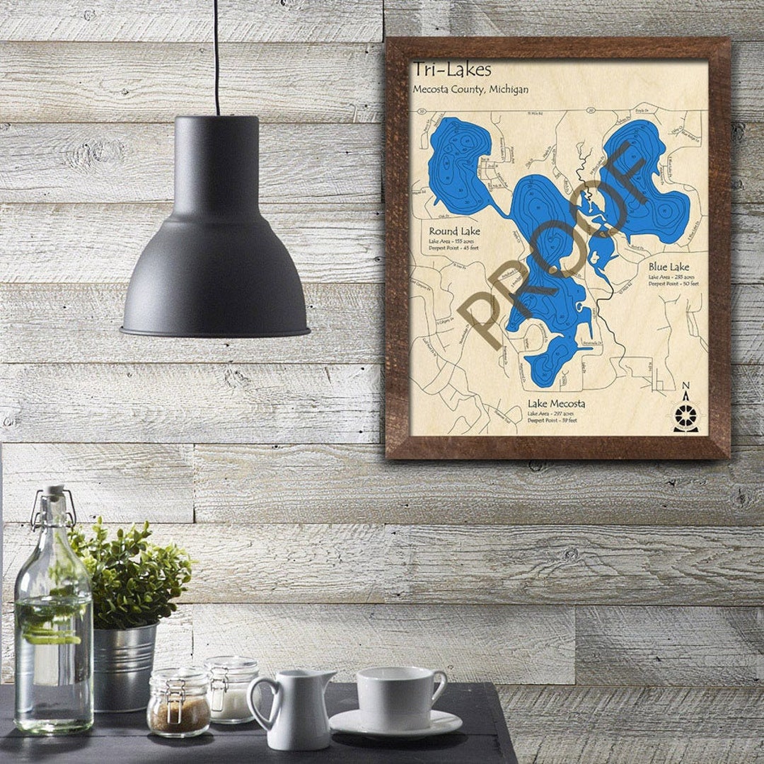 Round Lake, Lake Mecosta, Blue Lake, MI 3D Wood Carved Map Custom