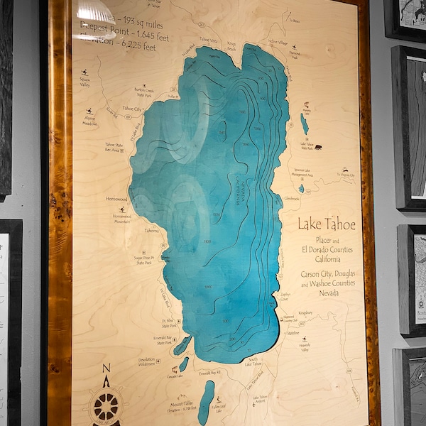 Custom 3D Wood Lake Map, Nautical Wall Art (36x48)