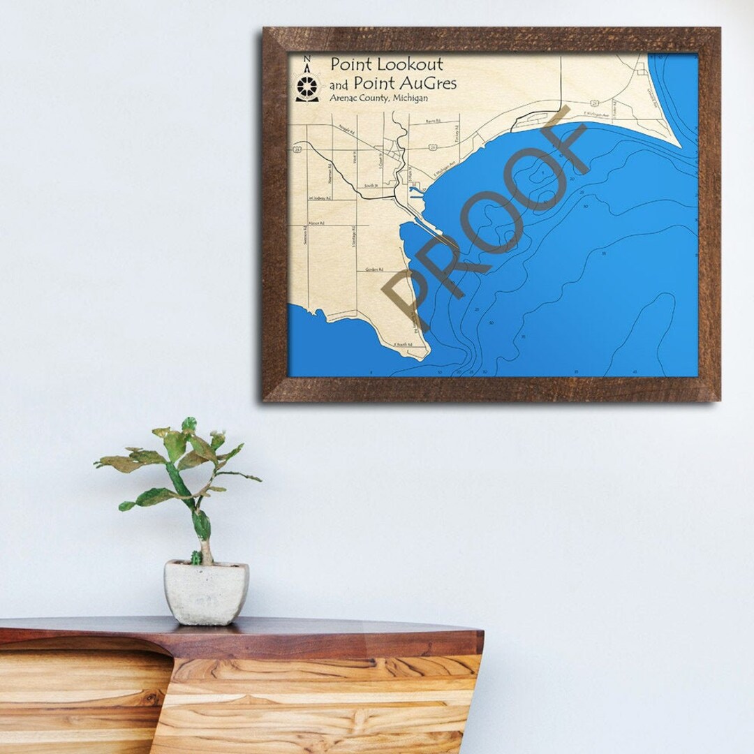 Point Lookout Point Au Gres Lake Huron, MI 3D Wood Carved Map Custom Nautical Map, Cabin Decor