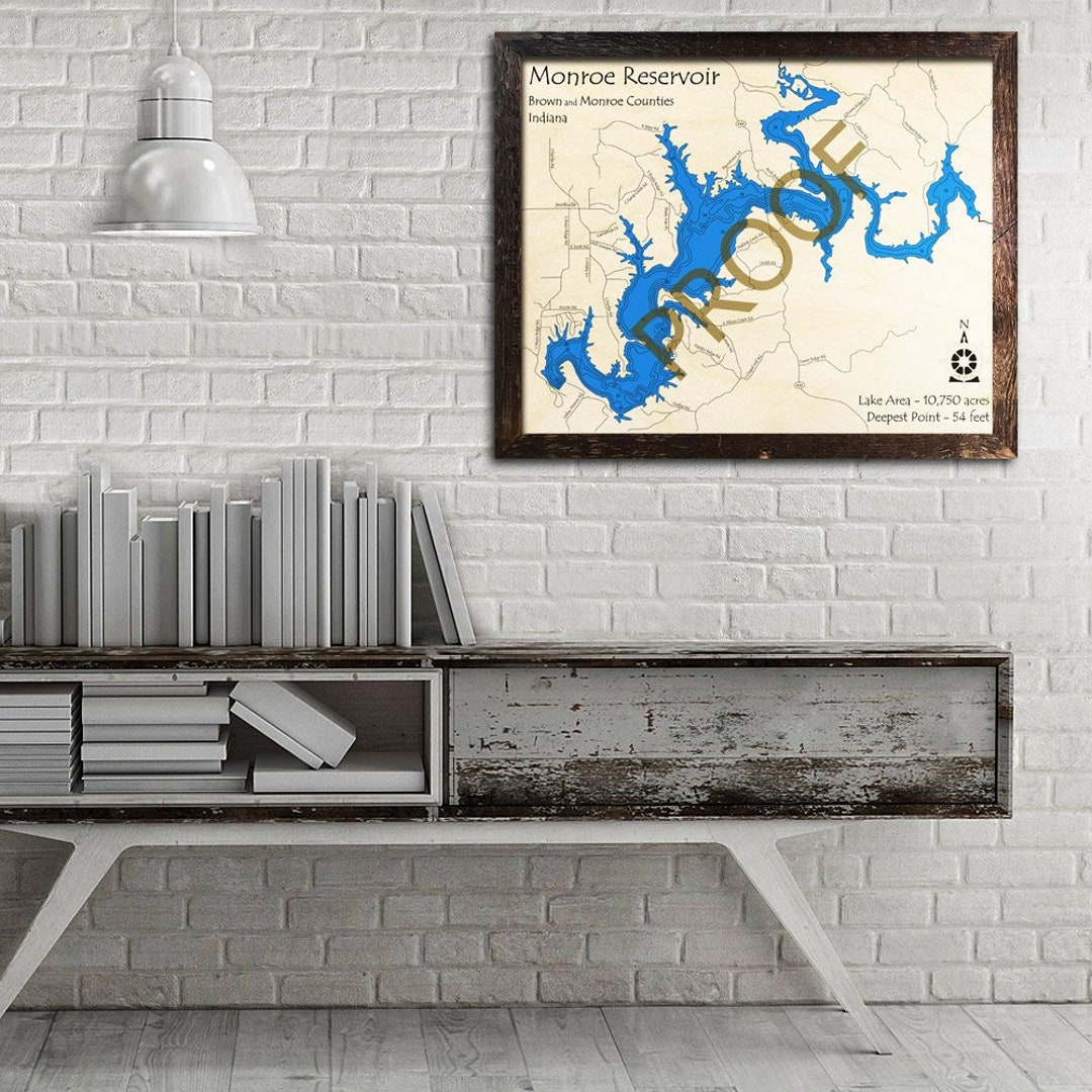 Monroe Reservoir, Indiana 3D Wood Map Cabin Decor Lake House Décor