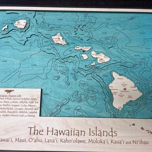 Hawaiian Islands 3D Nautical Wood Map Laser-etched carved Wooden Map of the Hawaiian Islands