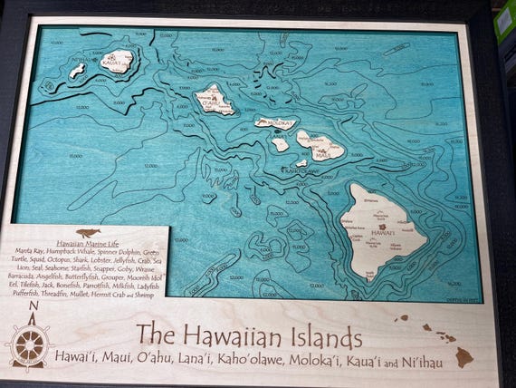 Hawaiian Islands 3D Nautical Wood Map Laser-etched Carved
