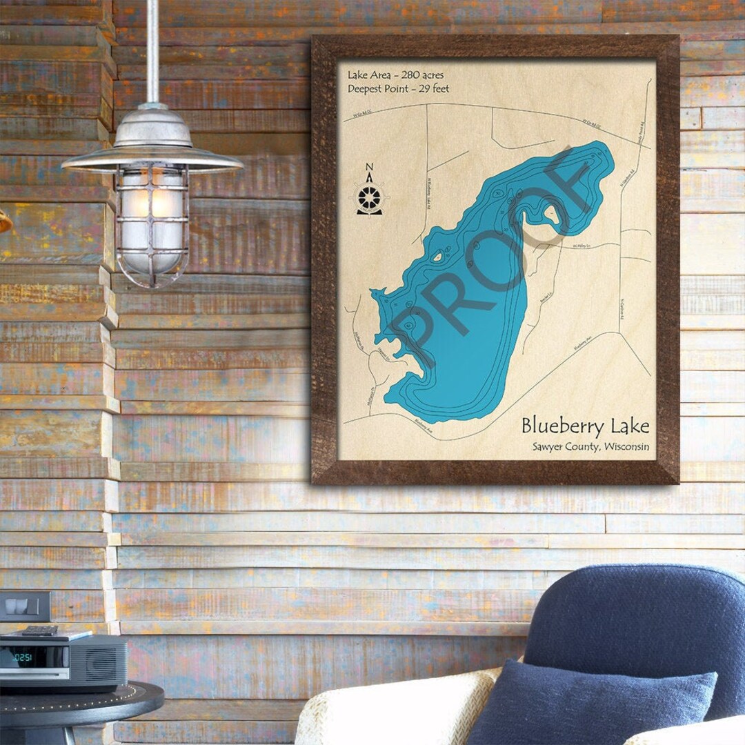 Blueberry Lake, WI 3D Wood Carved Map Custom Nautical Wall Art, Cabin