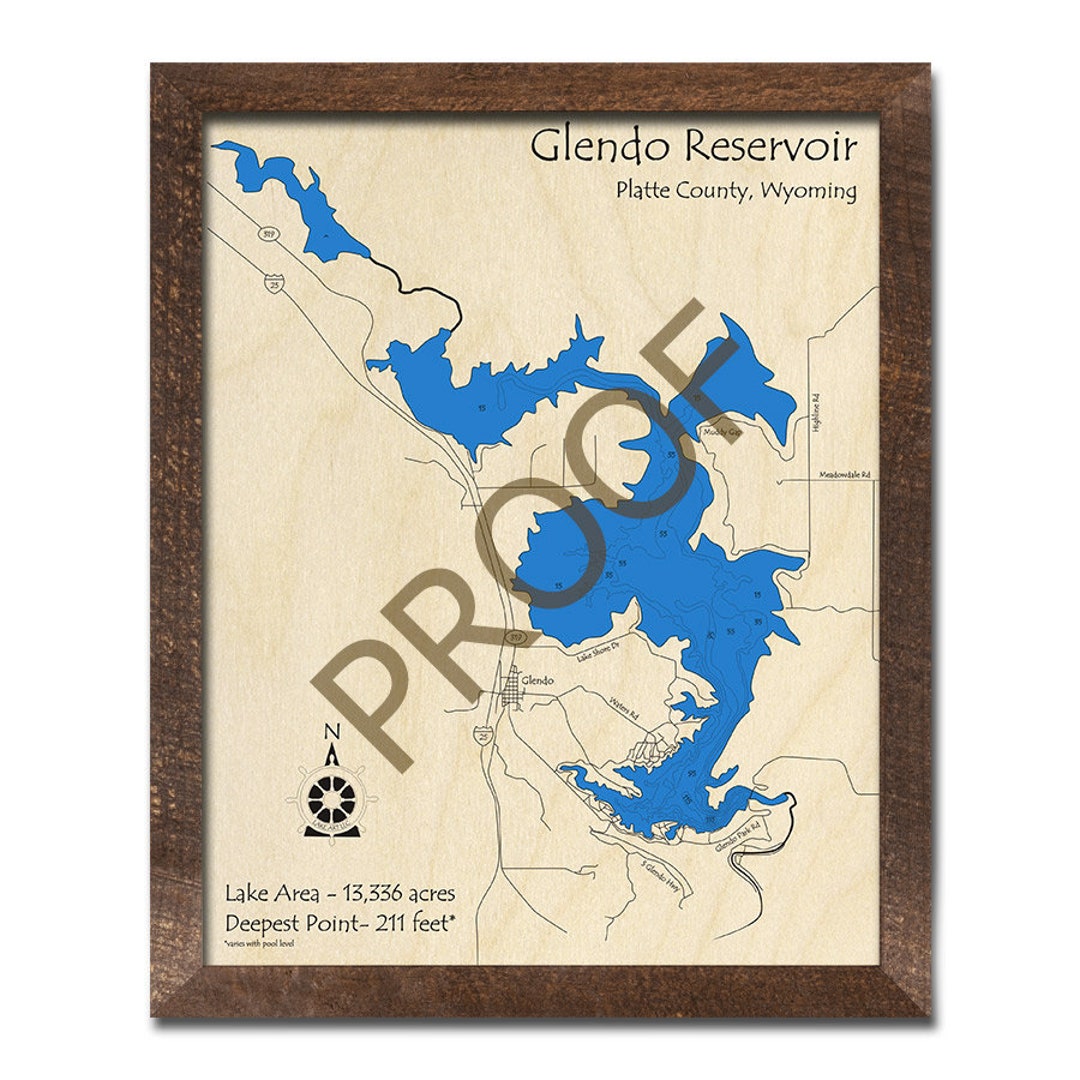 Wooden Glendo Reservoir Map, Wyoming, 3D Wood Map 3D Depth Chart, Cabin