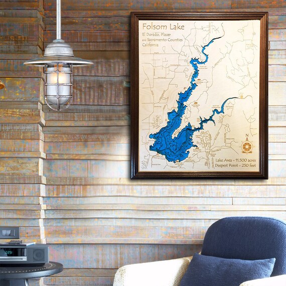 Folsom Lake California 3d Laser Cut Wood Map Depth Map Of Etsy