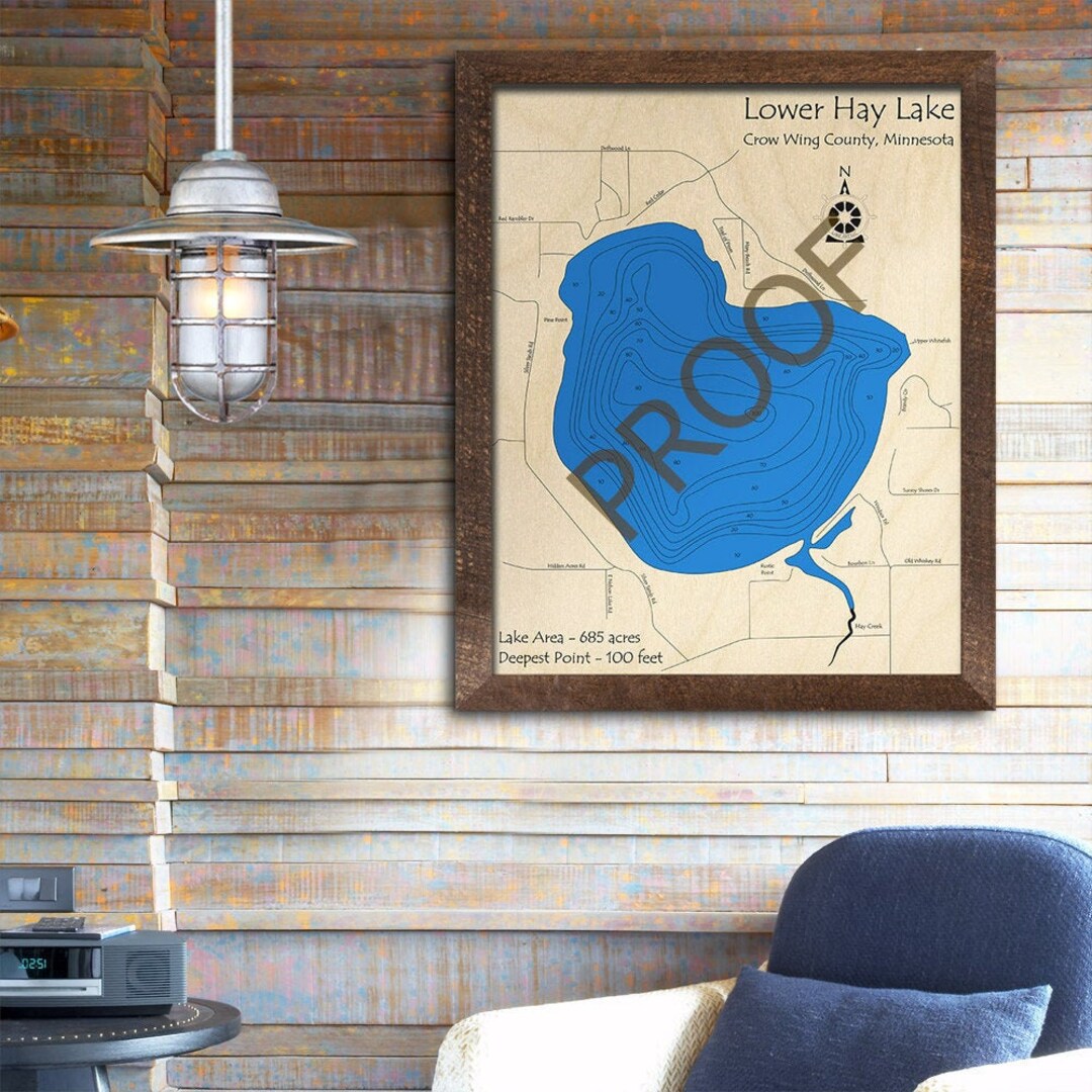 Lower Hay Lake, MN 3D Wood Map Custom Nautical Map, Cabin Decor, Lake