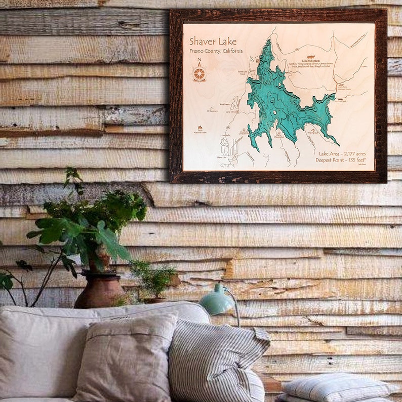 Shaver Lake CA Nautical Wood Map, Laser-Etched 3D Wooden Art image 1