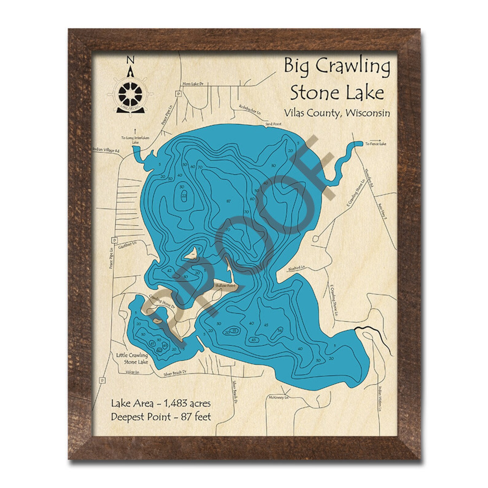Big Crawling Stone Lake WI 3D Wood Carved Map Custom Etsy