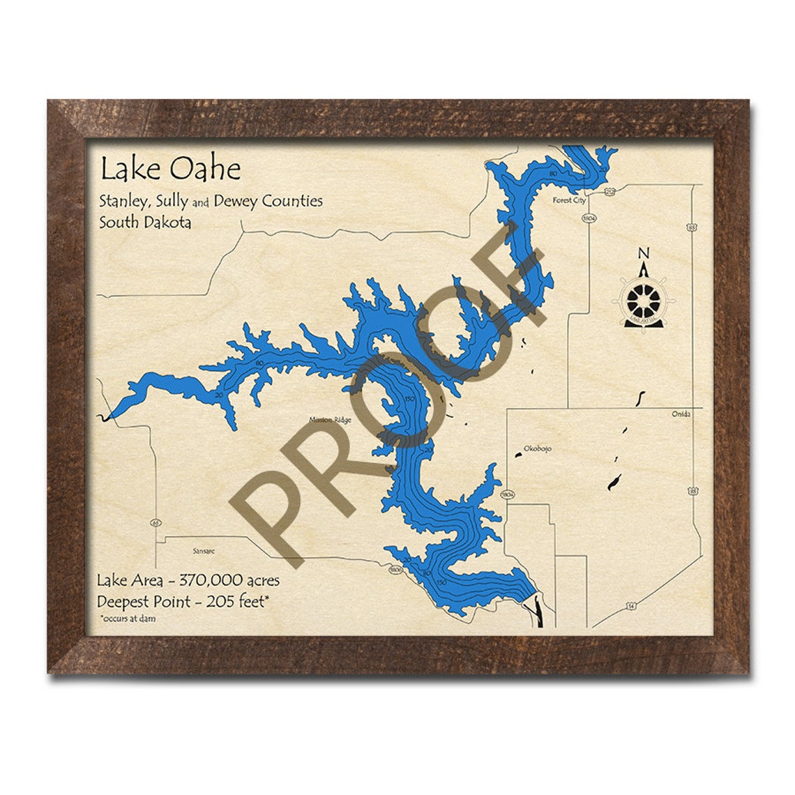 Lake Oahe sothern Section SD 3D Wood Map 3D Depth Map Etsy India