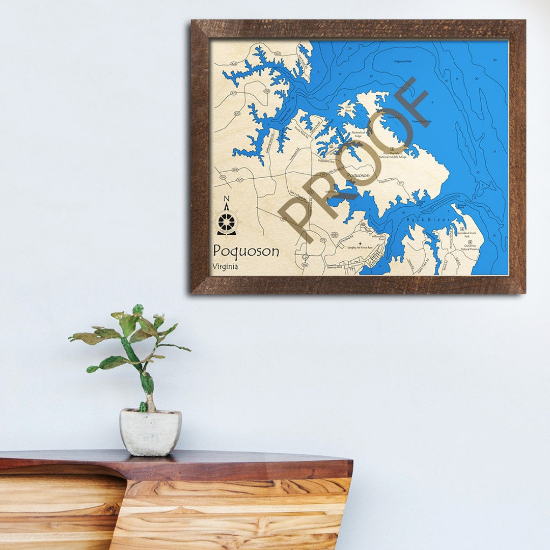 Poquoson Chesapeake Bay, VA 3D Wood Map Custom Nautical Chart, Cabin