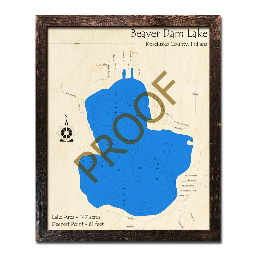 Wooden Beaver Dam Lake Map, Indiana, 3D Wood Map Custom Cabin Decor