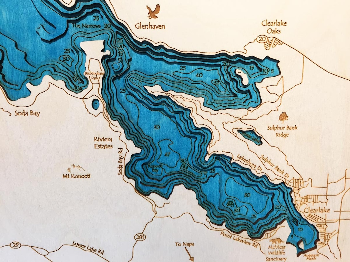 Clear Lake California 3D Nautical Wood Map Laseretched Etsy
