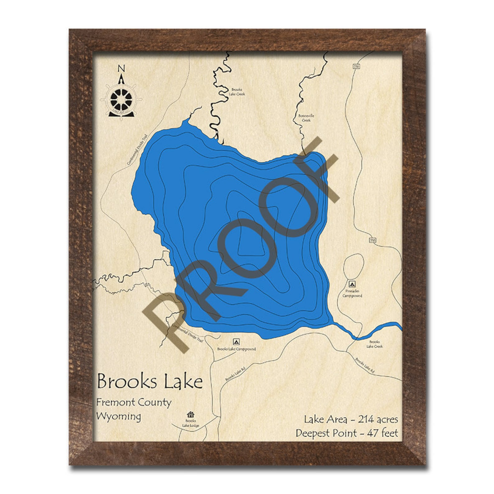Wooden Brooks Lake Map, Wyoming, 3D Wood Map 3D Depth Chart, Cabin
