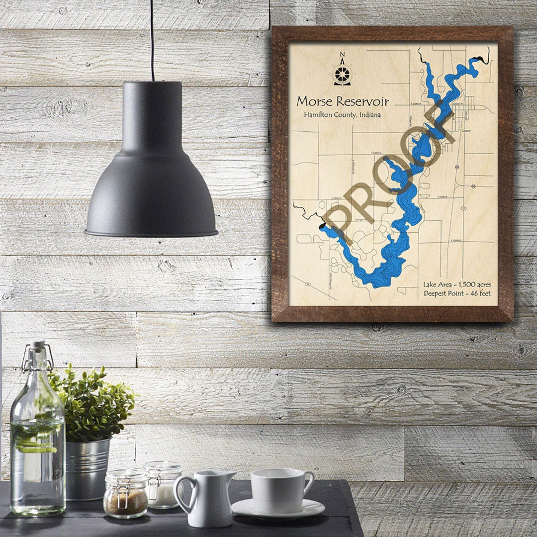 Morse Reservoir, Indiana 3D Wood Map Custom Nautical Map, Cabin Decor