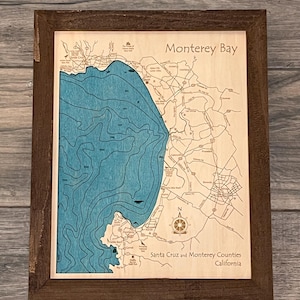 Monterey Bay California Coast 3D Nautical Wood Map | Laser-etched carved Wooden Map of the Monterey Bay