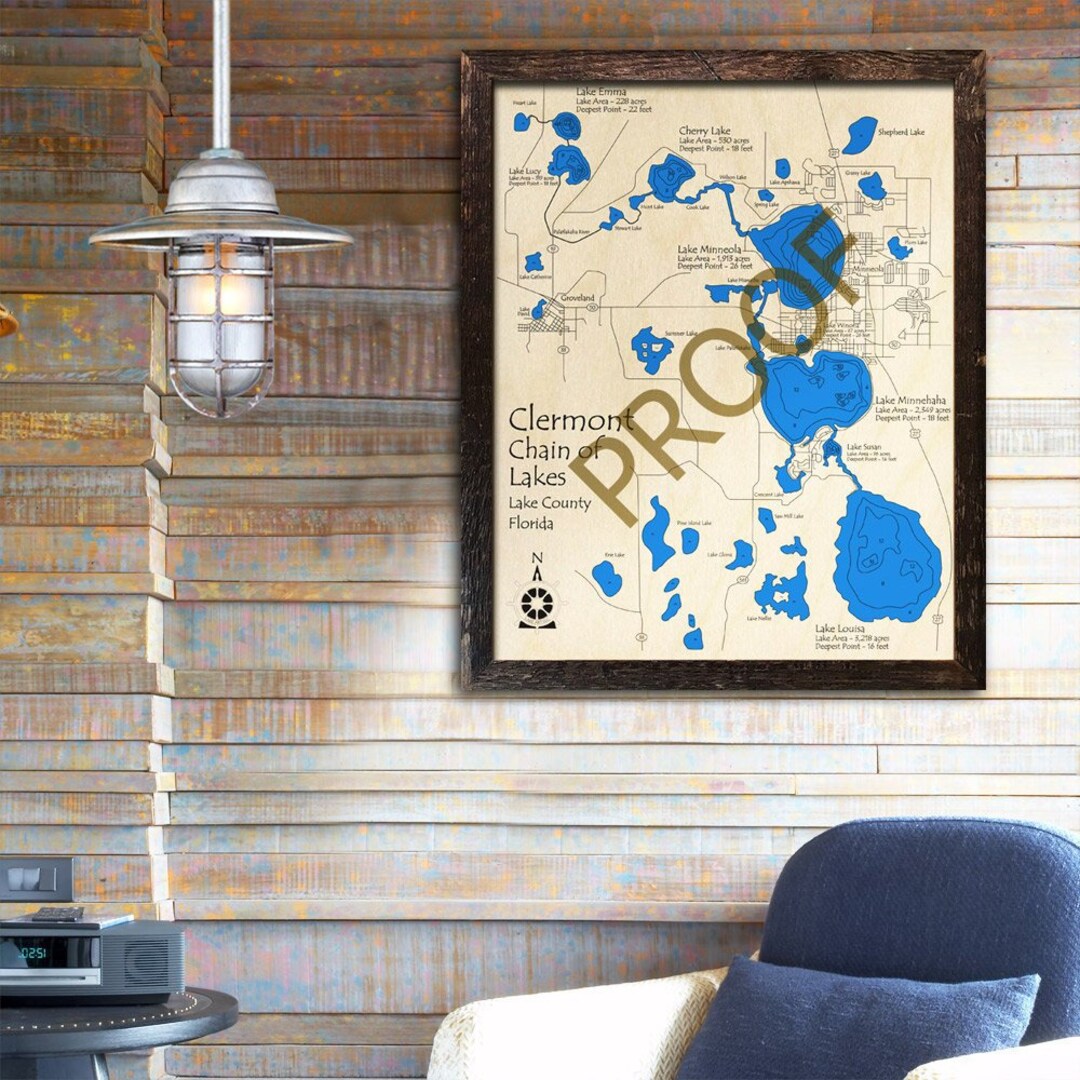 Clermont Chain of Lakes, Florida 3D Wood Map Lake House Décor Cabin