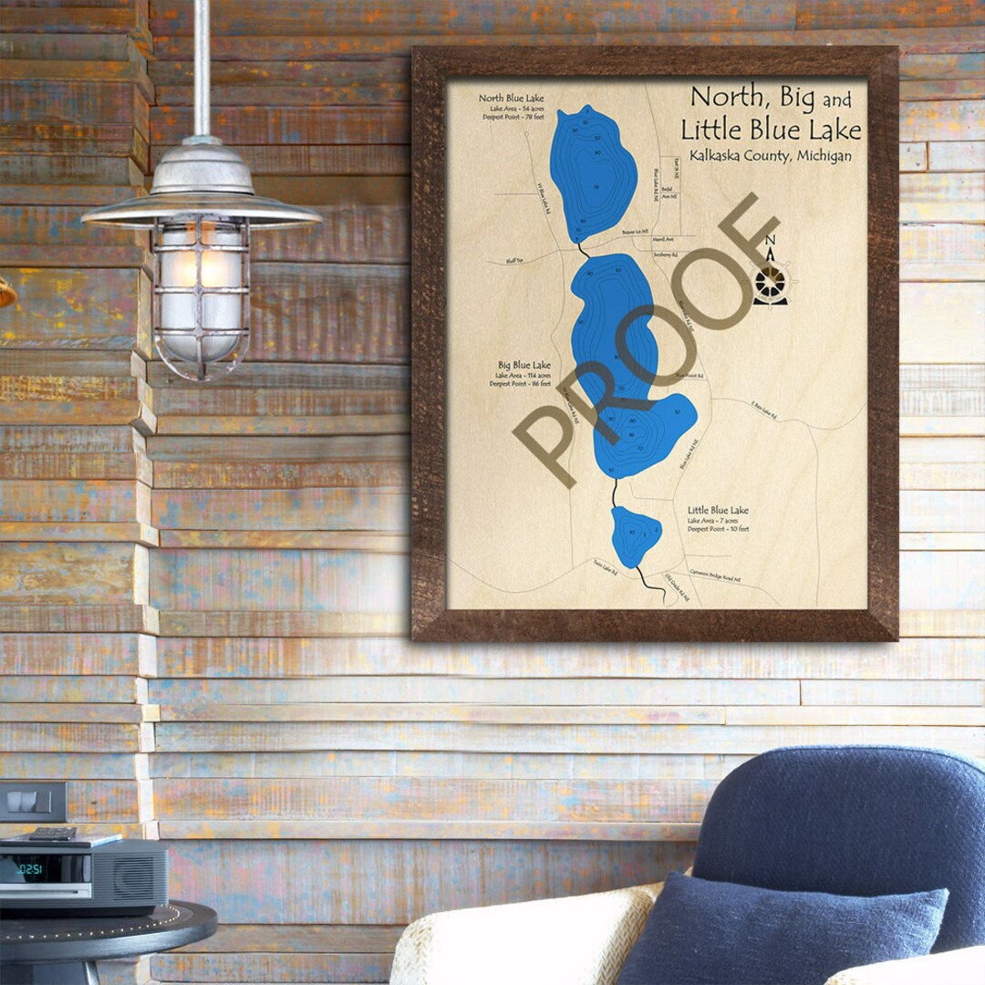North Blue Lake Big Blue Lake MI 3D Wood Map Custom Etsy