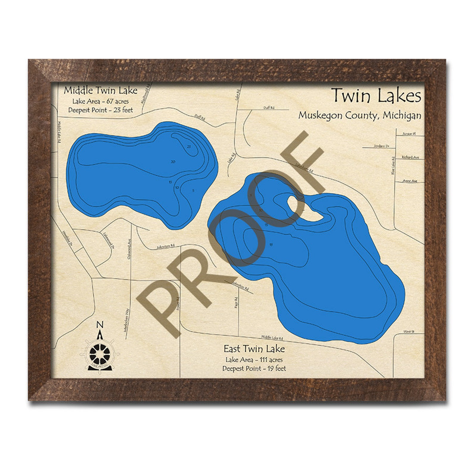 Twin Lakes Muskegon Cty MI 3D Wood Carved Map Custom Etsy
