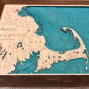 Cape Cod Map - Boston Massachusetts 3D Nautical Wood Map Laser-etched Wooden Map of Boston and Cape Cod