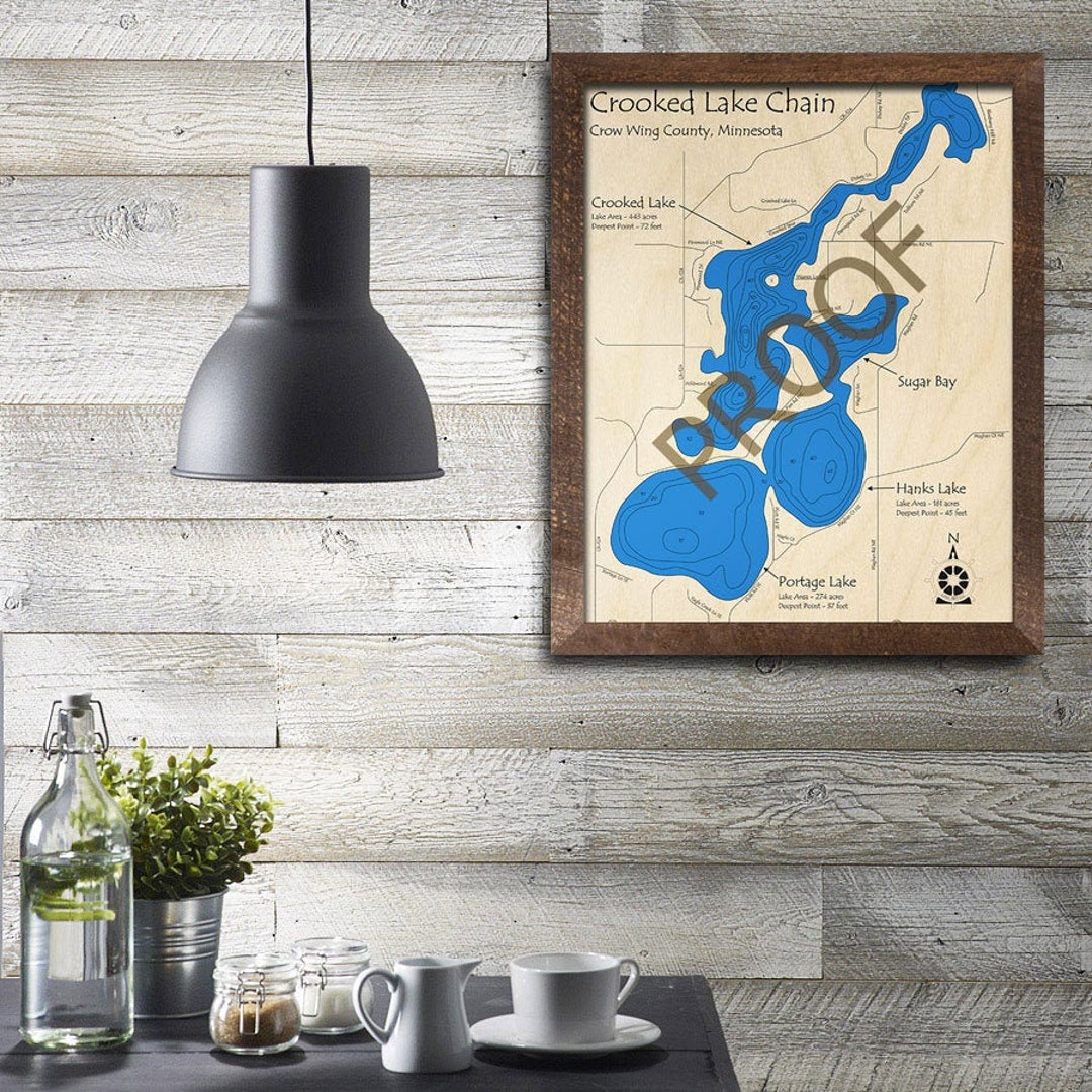 Crooked Lake Chain, MN 3D Wood Map Custom Nautical Map, Cabin Decor