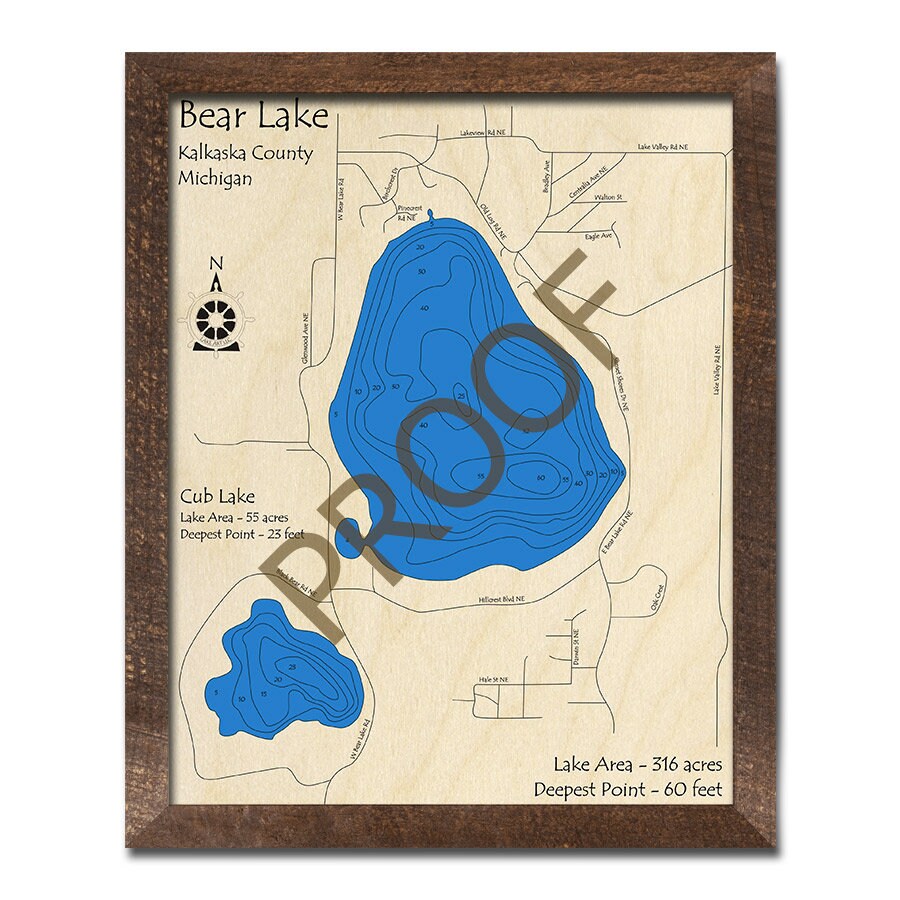 Bear Lake Cub Lake Kalkaska Cty MI 3D Wood Map Custom Etsy