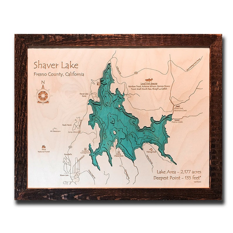 Shaver Lake CA Nautical Wood Map, Laser-Etched 3D Wooden Art image 3