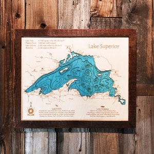 3D Lake Superior Wood Map - Custom Nautical Map Laser-etched carved Wooden Map of Lake Superior