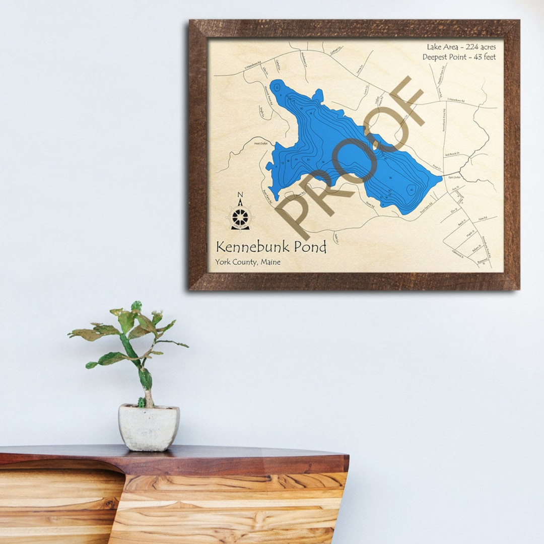 Kennebunk Pond, Maine 3D Wood Map Custom Nautical Map, Unique Cabin
