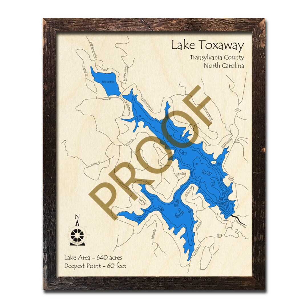 Wooden Lake Toxaway Map, North Carolina, 3D Wood Map Cabin Decor Lake