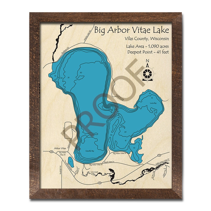 Big Arbor Vitae Lake WI 3D Wood Carved Map Custom Nautical Etsy