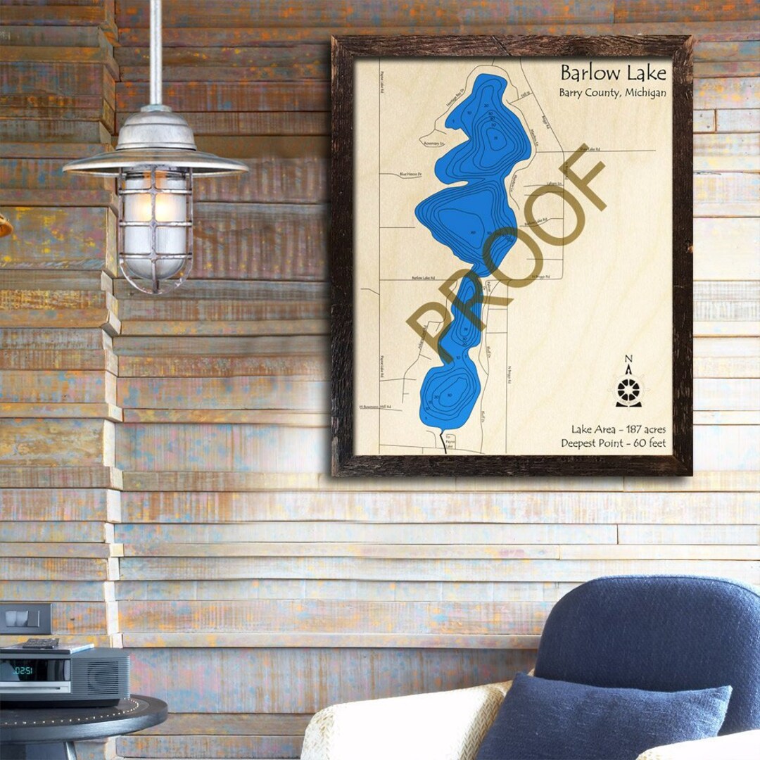 Barlow Lake, Michigan 3D Wood Map Cabin Decor Lake House Décor Nautical